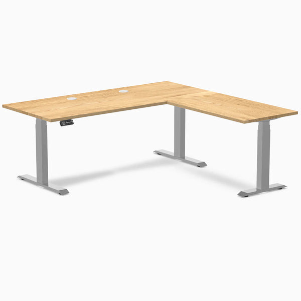 Desky Hardwood L-Shape Sit Stand Desk, White Oak desktop, Gray frame