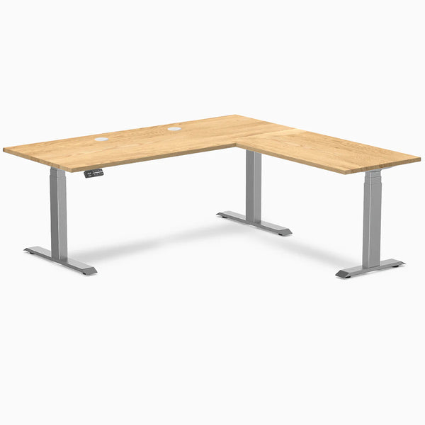 Desky Hardwood L-Shape Sit Stand Desk, White Oak desktop, Space Gray frame