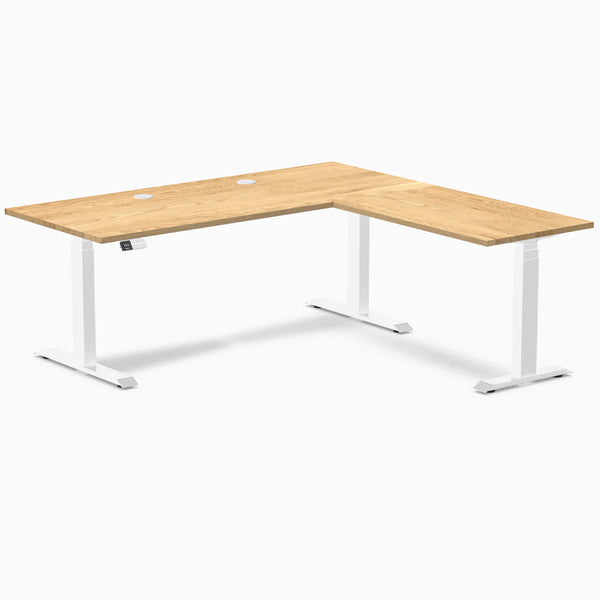 Desky Hardwood L-Shape Sit Stand Desk, White Oak desktop, White frame