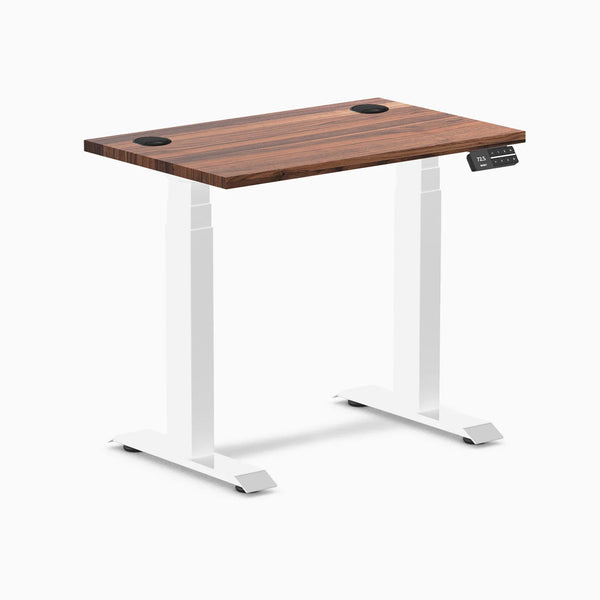 Desky Dual Mini Hardwood Sit Stand Desk, Walnut desktop, White frame