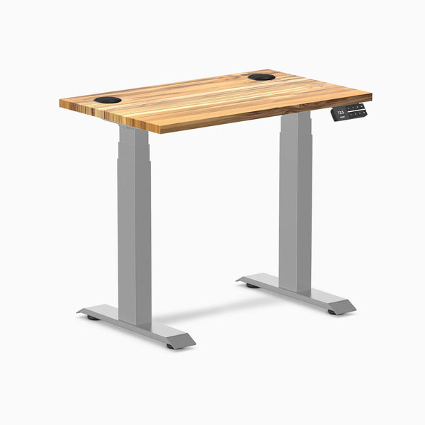 Desky Dual Mini Hardwood Sit Stand Desk, Teak desktop, Gray frame