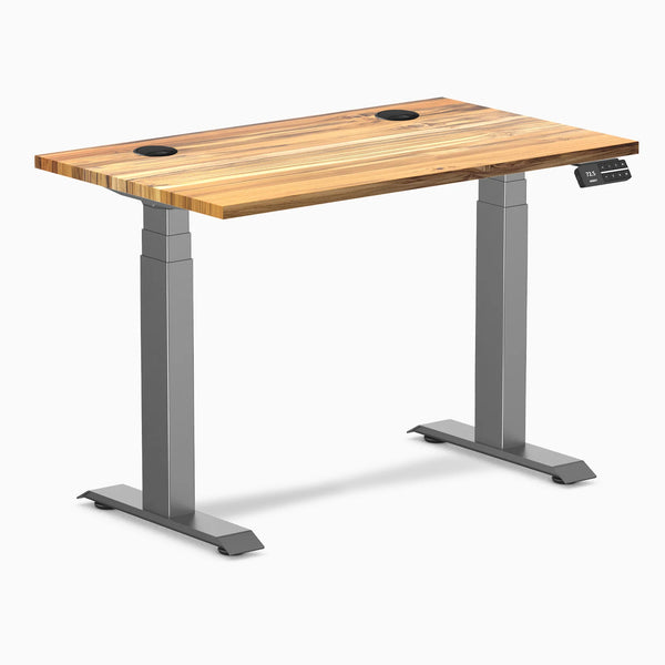Desky Dual Mini Hardwood Sit Stand Desk, Teak desktop, Space Gray frame