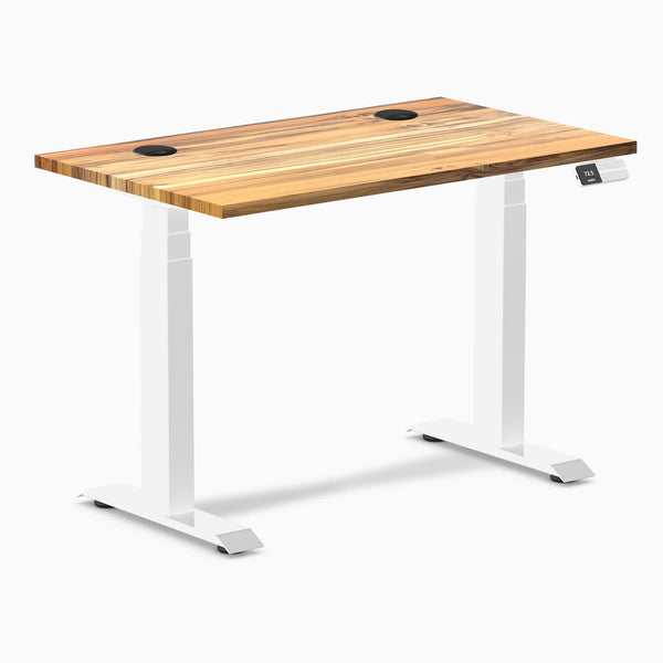 Desky Dual Mini Hardwood Sit Stand Desk, Teak desktop, White frame