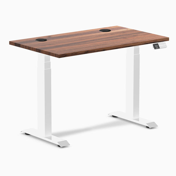 Desky Dual Mini Hardwood Sit Stand Desk, Walnut desktop, White frame