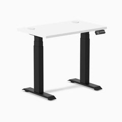 Desky Dual Mini sit-stand desk, white 32x20 inch top with grommets, matte black frame.
