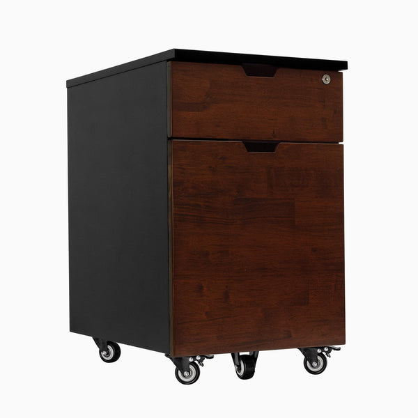 Desky Wooden Minimal Filing Cabinet, Black frame, Red Walnut Rubberwood