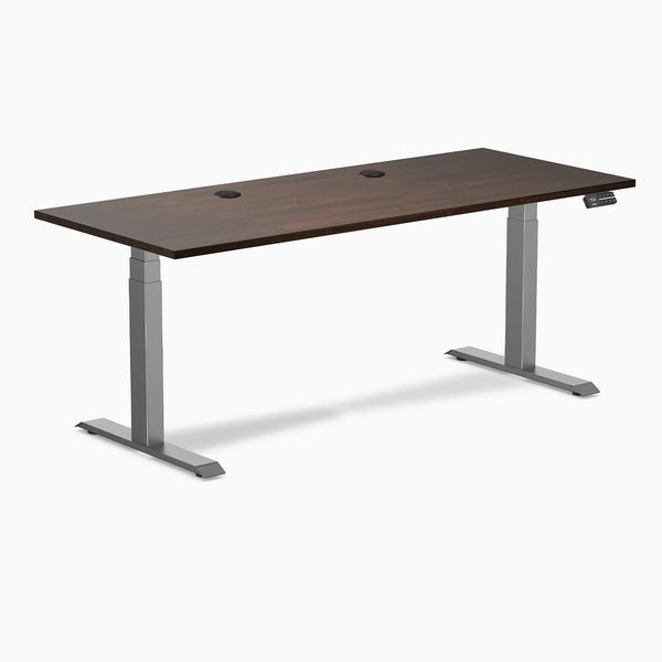Desky Dual Rubberwood Sit Stand Desk, Dark Walnut desktop, Space Gray frame