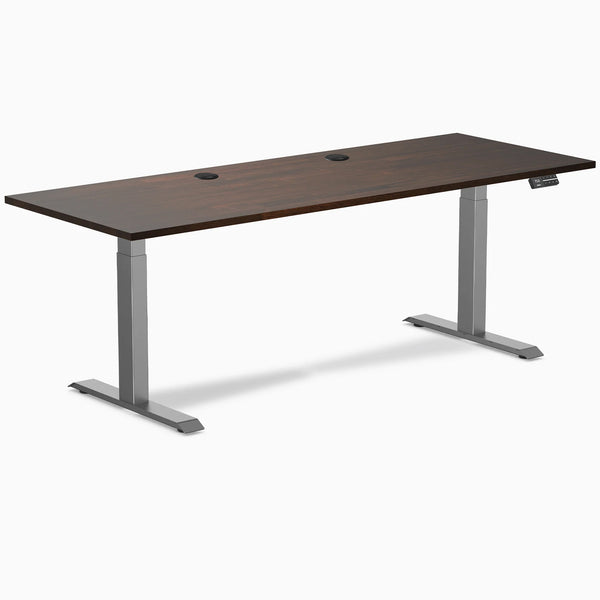 Desky Dual Rubberwood Sit Stand Desk, Dark Walnut desktop, Space Gray frame