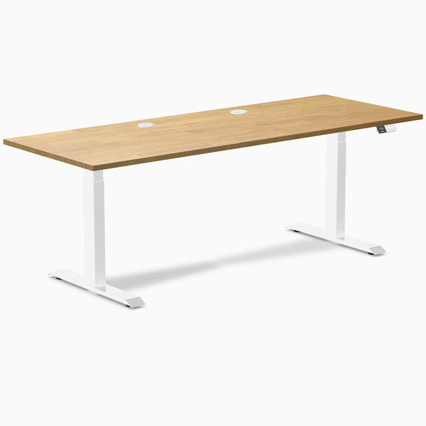 Desky Dual Rubberwood Sit Stand Desk, Light Oak desktop, White frame