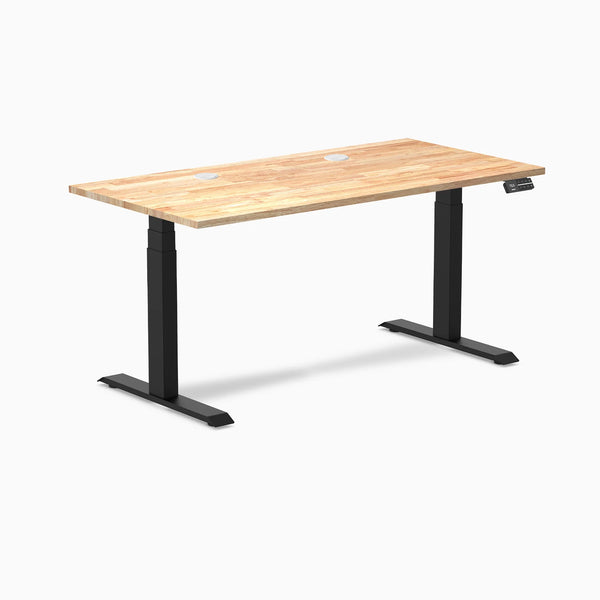 Desky Dual Rubberwood Sit Stand Desk, Natural Timber desktop, Matte Black frame