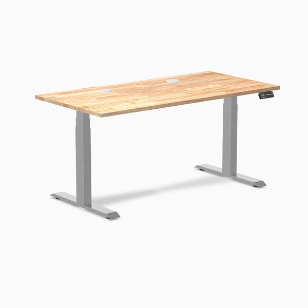 Desky Dual Rubberwood Sit Stand Desk, Natural Timber desktop, Gray frame