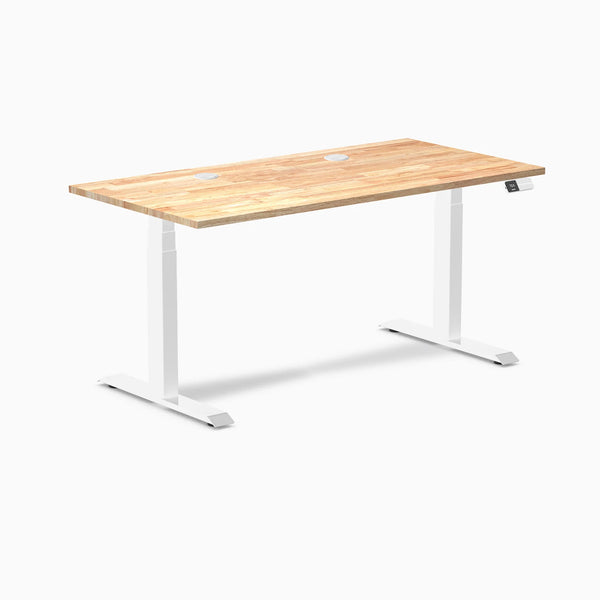 Desky Dual Rubberwood Sit Stand Desk, Natural Timber desktop, White frame