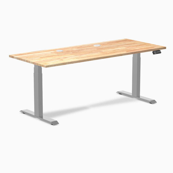 Desky Dual Rubberwood Sit Stand Desk, Natural Timber desktop, Gray frame