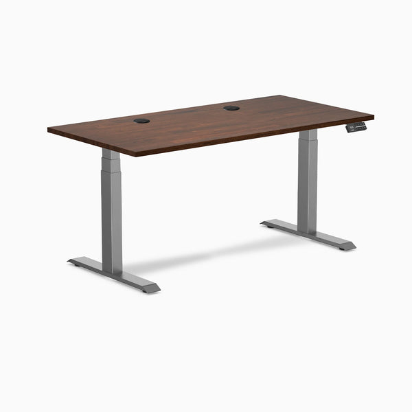 Desky Dual Rubberwood Sit Stand Desk, Red Walnut desktop, Space Gray frame