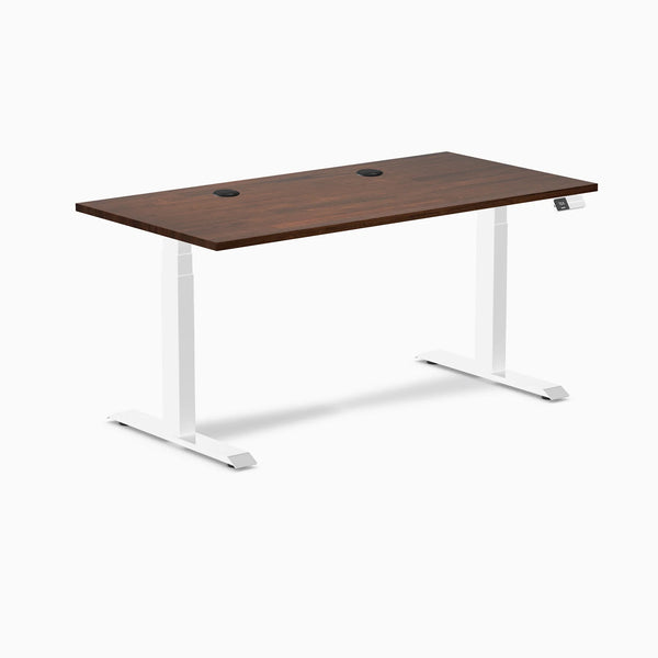Desky Dual Rubberwood Sit Stand Desk, Red Walnut desktop, White frame