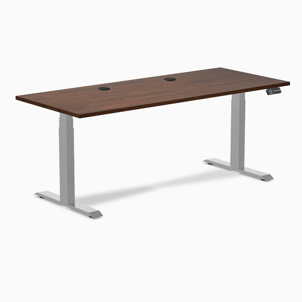 Desky Dual Rubberwood Sit Stand Desk, Red Walnut desktop, Gray frame