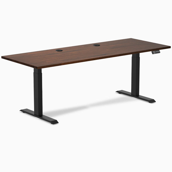 Desky Dual Rubberwood Sit Stand Desk, Red Walnut desktop, Matte Black frame