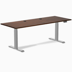 Desky Dual Rubberwood Sit Stand Desk, Red Walnut desktop, Gray frame