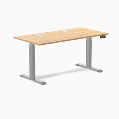 Desky Dual Scalloped Laminate Sit Stand Desk, Sublime Teak desktop, Gray frame