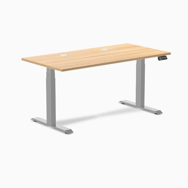 Desky Dual Scalloped Laminate Sit Stand Desk, Sublime Teak desktop, Gray frame