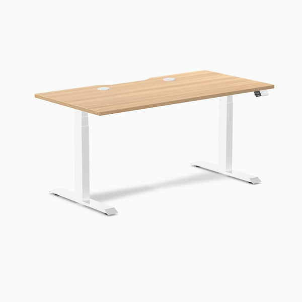 Desky Dual Scalloped Laminate Sit Stand Desk, Sublime Teak desktop, White frame