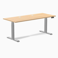 Desky Dual Scalloped Laminate Sit Stand Desk, Sublime Teak desktop, Gray frame