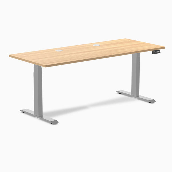 Desky Dual Scalloped Laminate Sit Stand Desk, Sublime Teak desktop, Gray frame