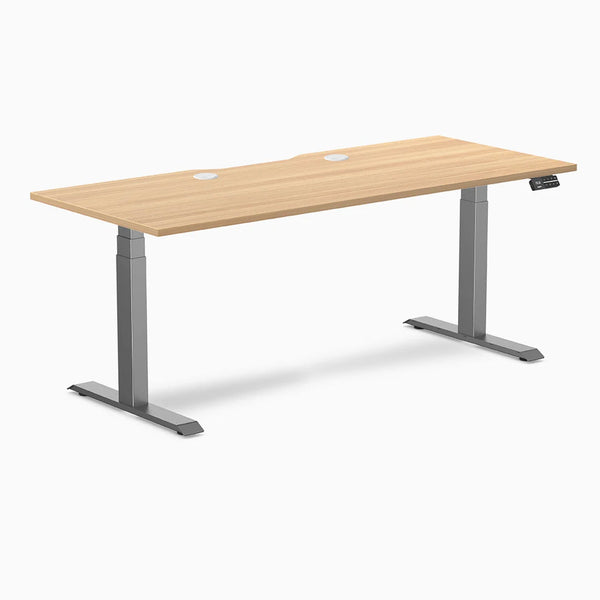 Desky Dual Scalloped Laminate Sit Stand Desk, Sublime Teak desktop, Space Gray frame