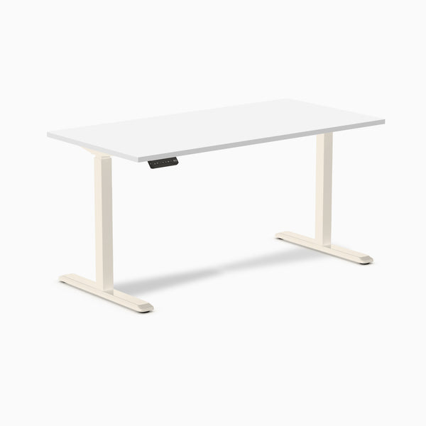 Desky Single Sit Stand Desk, White desktop, Wheat frame