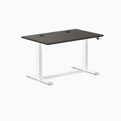 Desky Dual Laminate Sit Stand Desk with burnished wood top, white frame, and grommets.