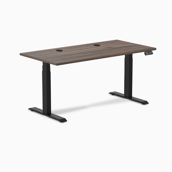 Desky Dual laminate sit-stand desk, Jarrah Legno top, 59.1x29.5 inches, matte black legs, two grommets.