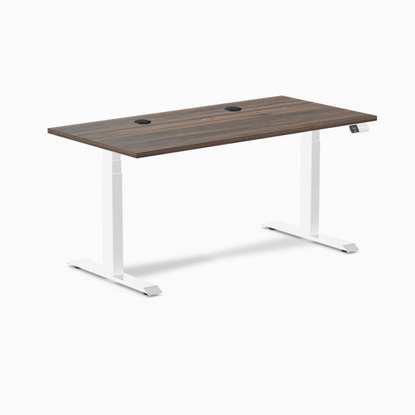 Desky Dual Jarrah Legno laminate sit-stand desk with white legs, 59.1x29.5 inches, and two grommets.