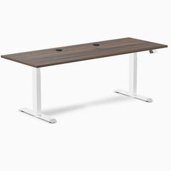 Desky Dual Laminate Sit Stand Desk with Jarrah Legno top, white frame, and two grommets.