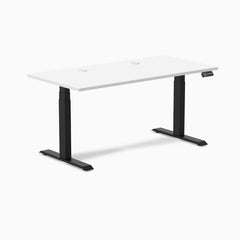 Desky Dual Laminate Sit Stand Desk with white top, matte black frame, and two grommets.