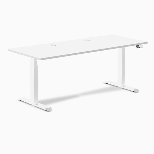 White Desky Dual Laminate Sit Stand Desk, 70.9 x 29.5 inches, with grommets and control panel.