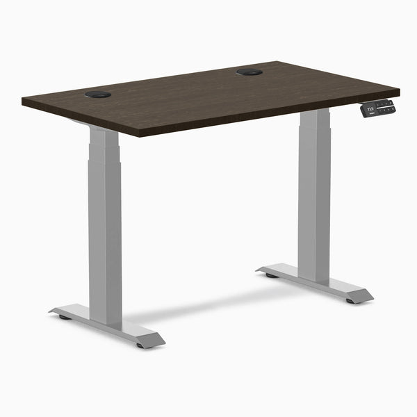 Desky Dual Mini Bamboo Sit Stand Desk, Dark Bamboo desktop, Gray frame