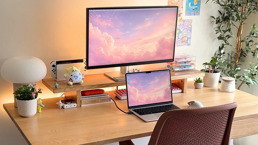 Desky Evoque Low Back Office Chair in Peach at a Desky Dual Hardwood desk