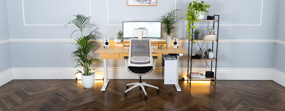 Desky Dual Bamboo Sit Stand Desk with Pulse Supportive Desk Chair in White, Minimal Under Desk Drawer and Minimal Monitor Stand