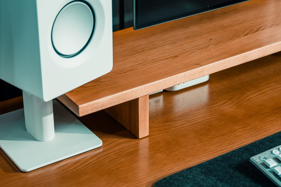 Desky Minimal Monitor Stand in timber, close up