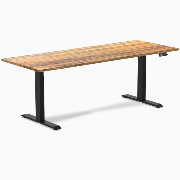 Desky Dual Teak Hardwood Sit Stand Desk with black frame
