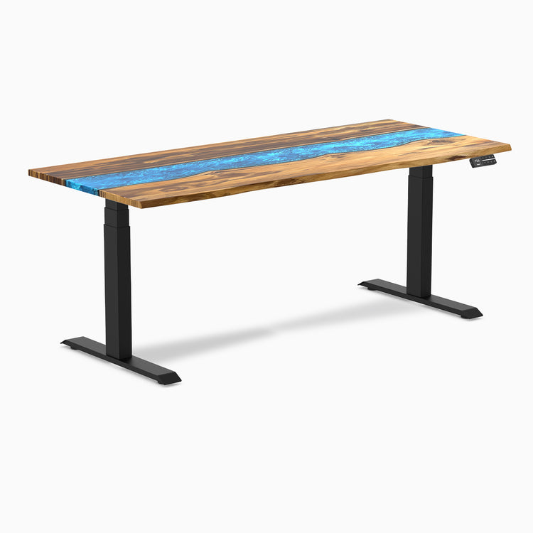 Dual electric resin hardwood standing desk teak blue river - Desky