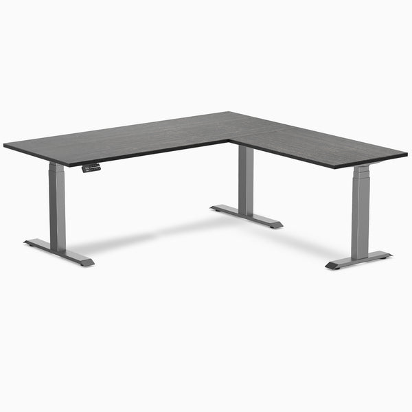 Desky Dark Bamboo L-Shape Sit Stand Desk 1800mm with space grey frame
