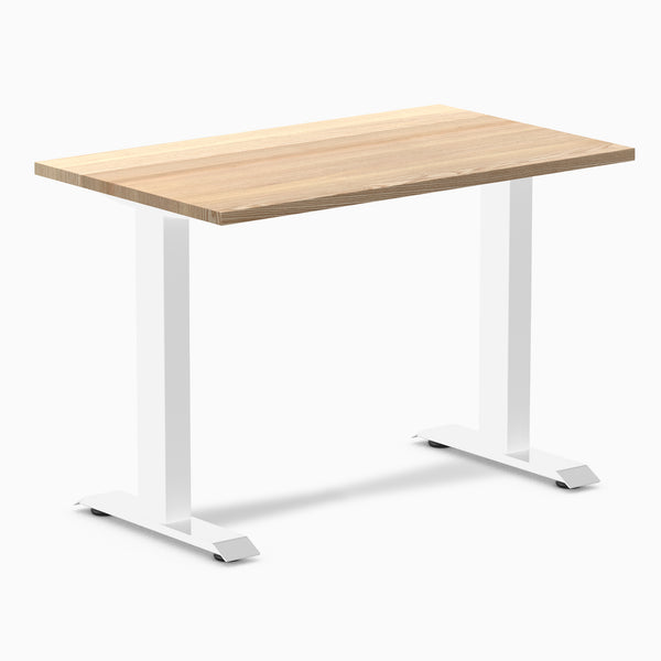 Desky Zero Mini hardwood desk with White Ash top and white steel frame.