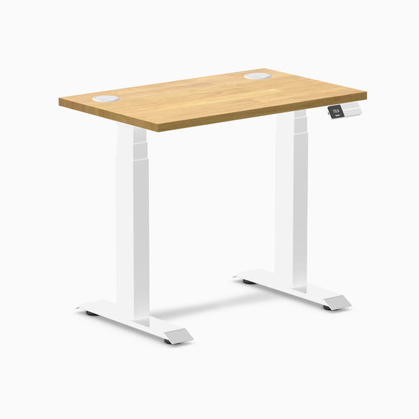 Desky Dual Mini Rubberwood Sit Stand Desk, Light Oak desktop, White frame