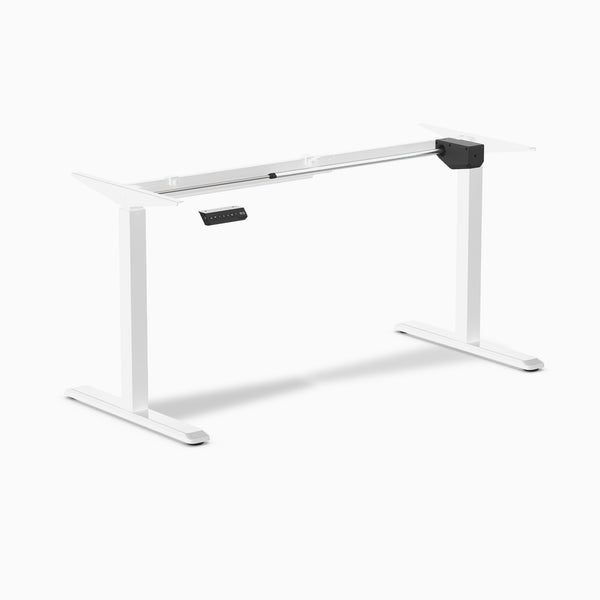 Close-up of the desk frame showing a sliding monitor arm/extension rail and integrated power cord along the underside.