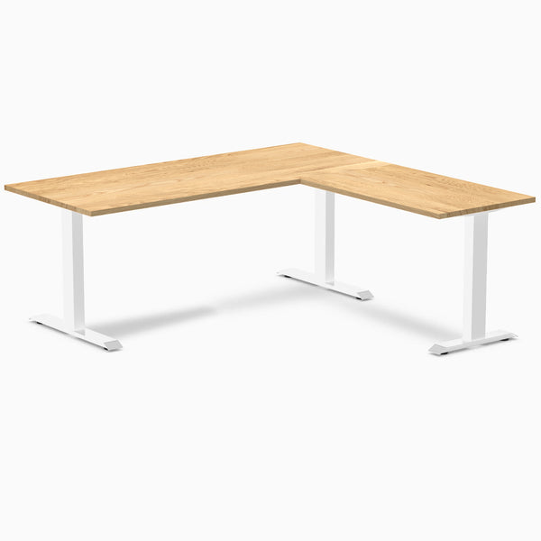 Desky Zero L-Shape Office Desk with White Oak hardwood top and white steel frame.