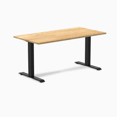 Desky Zero fixed-height office desk with White Oak hardwood top and matte black steel frame.